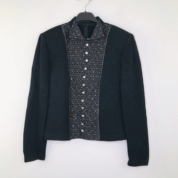 St John Evening Women 4 Sweater Collared Jeweled Glitter Faux Button Up Black N2